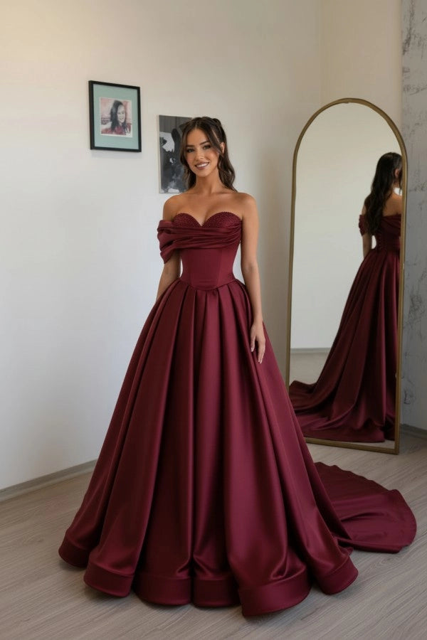 Burgundy Off Shoulder Sweetheart Ruffles Satin Aline Evening Dress with Pearls