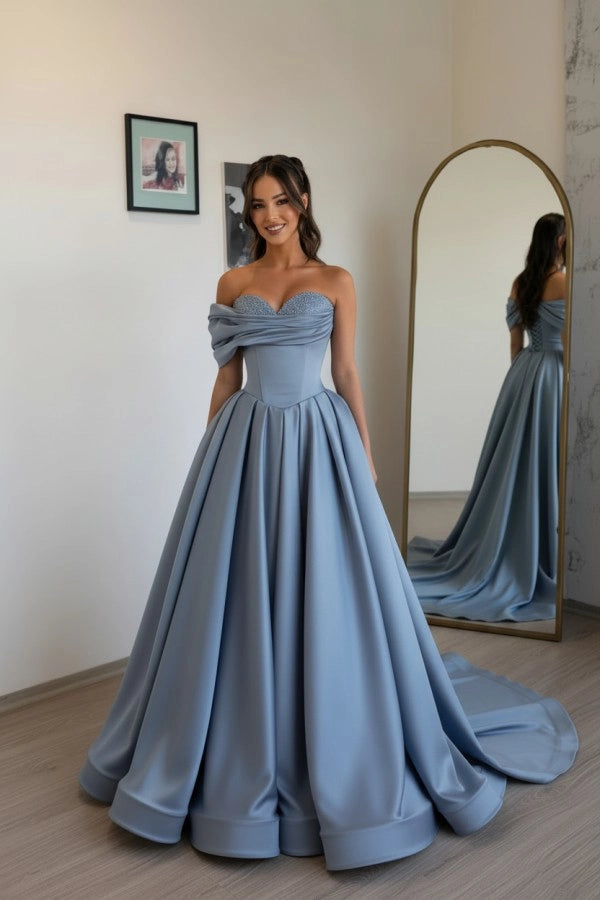 Dusty Blue Off Shoulder Sweetheart Ruffles Satin Aline Evening Dress with Pearls