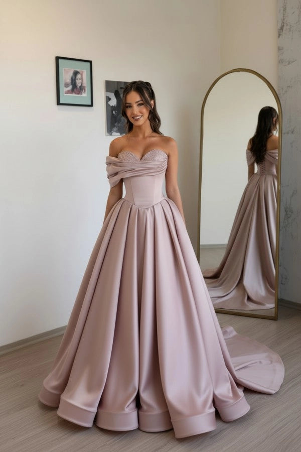 Dusty Pink Off Shoulder Sweetheart Ruffles Satin Aline Evening Dress with Pearls