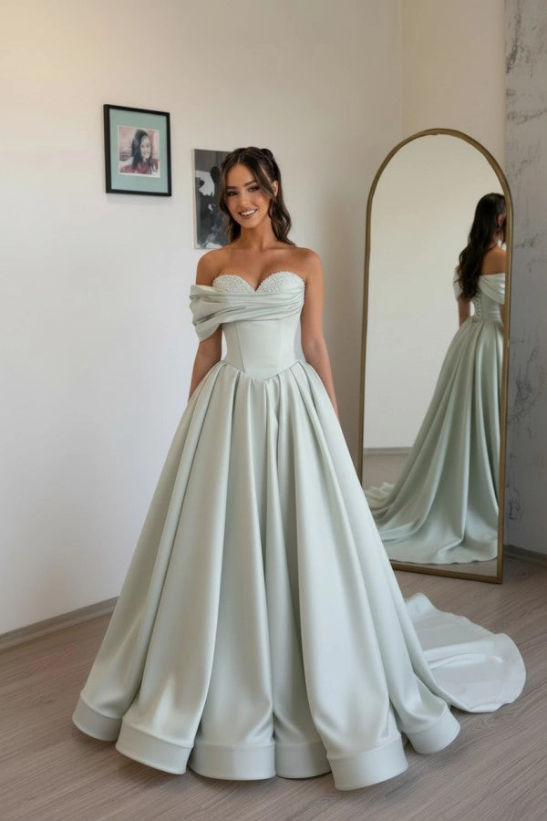 Sage Off Shoulder Sweetheart Ruffles Satin Aline Evening Dress with Pearls