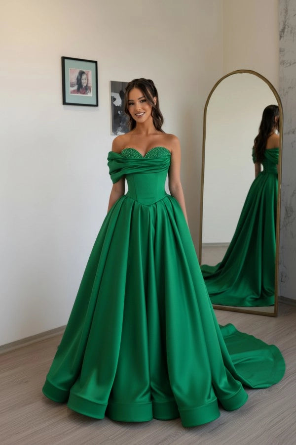 Green Off Shoulder Sweetheart Ruffles Satin Aline Evening Dress with Pearls