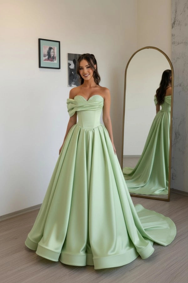 Sage Off Shoulder Sweetheart Ruffles Satin Aline Evening Dress with Pearls