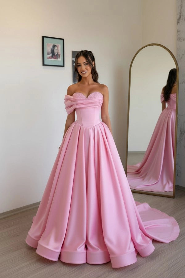 Candy Pink Off Shoulder Sweetheart Ruffles Satin Aline Evening Dress with Pearls