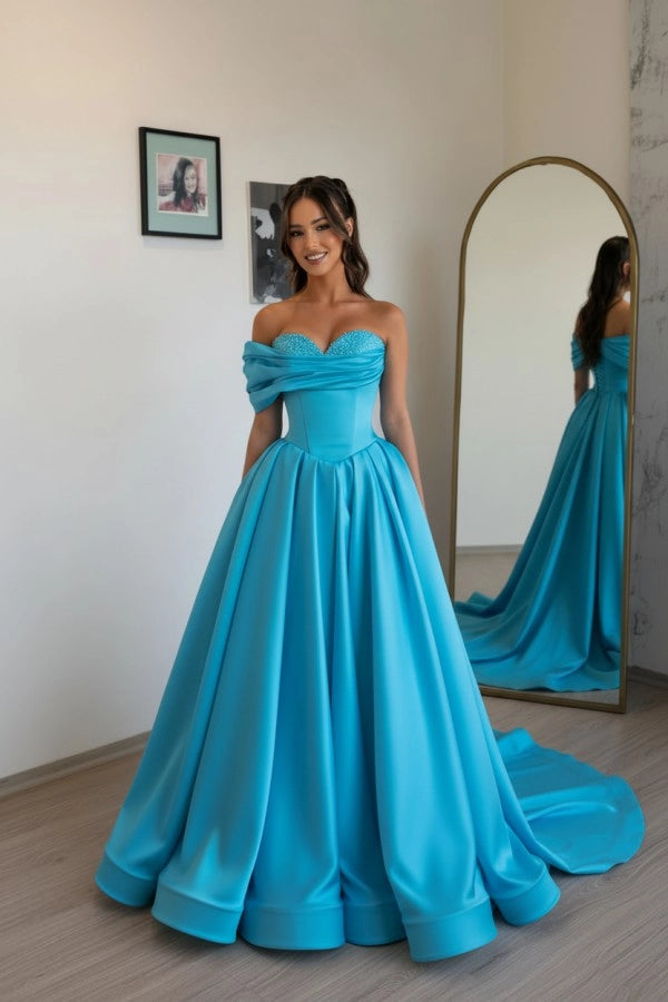 Pool Off Shoulder Sweetheart Ruffles Satin Aline Evening Dress with Pearls