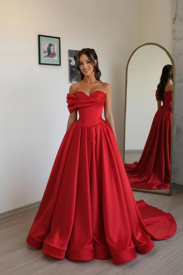 Red Off Shoulder Sweetheart Ruffles Satin Aline Evening Dress with Pearls