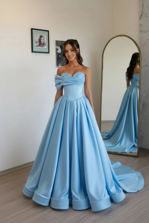 Sky Blue Off Shoulder Sweetheart Ruffles Satin Aline Evening Dress with Pearls