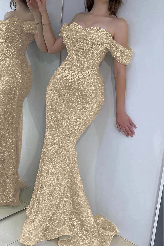 Off-the-Shoulder Sparkly Beadings Mermaid Evening Dress Satin Floor Length Formal Dress