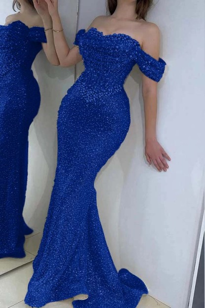 Gorgeous Off-the-Shoulder Sequins Pearls Bodycon Prom Dress Glitter Sweetheart Evening Dress