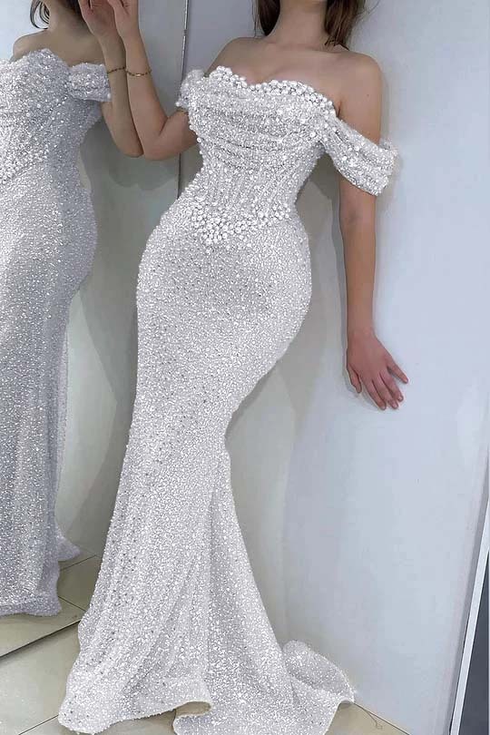 Gorgeous Off-the-Shoulder Sequins Pearls Bodycon Prom Dress Glitter Sweetheart Evening Dress