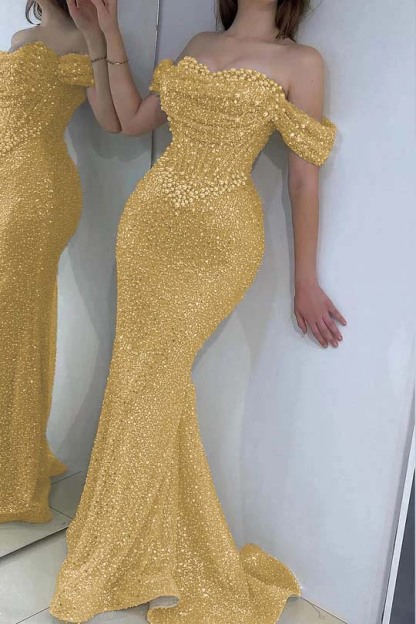 Gorgeous Off-the-Shoulder Sequins Pearls Bodycon Prom Dress Glitter Sweetheart Evening Dress