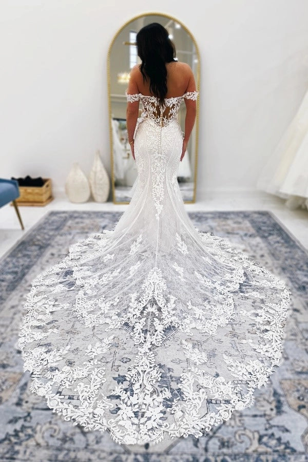 Off-the-Shoulder Lace Mermaid Wedding Dress Tulle with Appliques