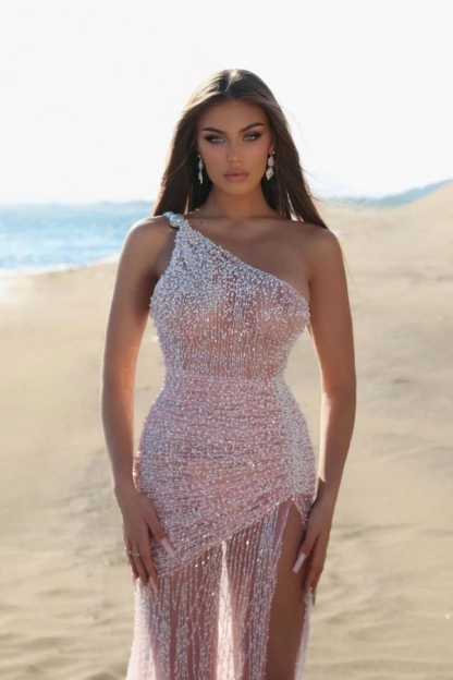 Glitter One Shoulder Pink Sheath Evening Dress Side Split Prom Dress with Beadings