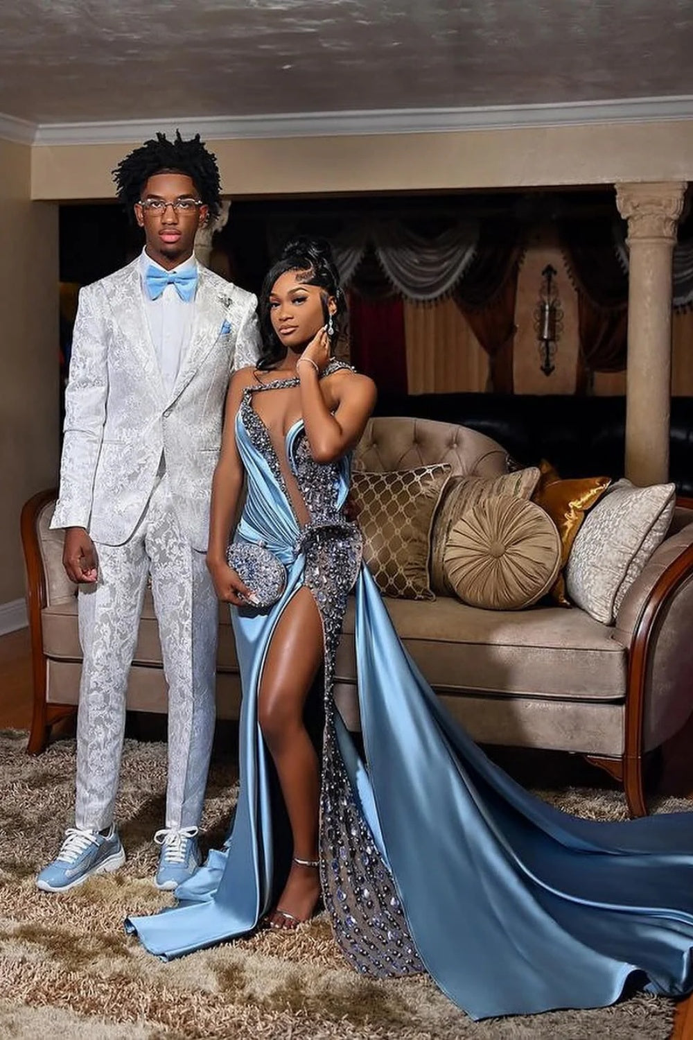 Charming Dusty Blue Satin Prom Dress One Shoulder Mermaid Beading Evening Gown