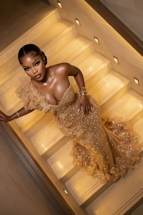 Luxury One Shoulder Sequins Mermaid Prom Dress with Beadings Evening Gown Appliques