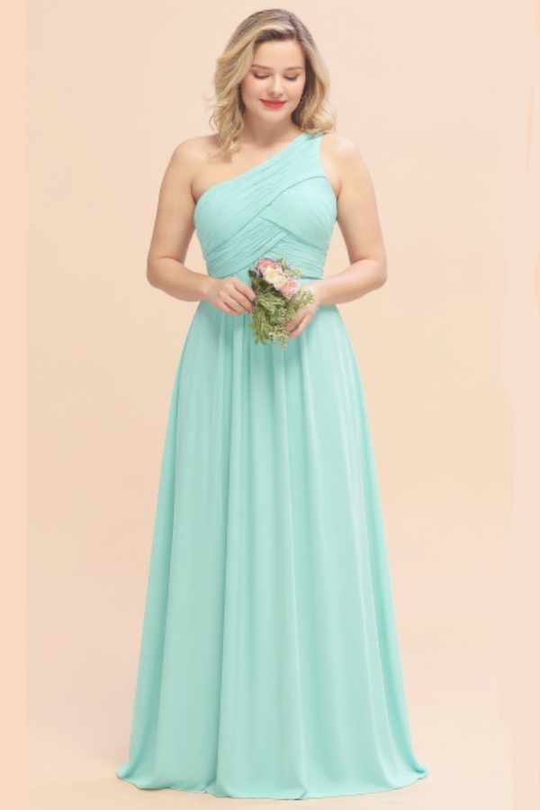 Plus Size Ruched Chiffon One Shoulder Bridesmaid Dress Long Wedding Guest Dress 