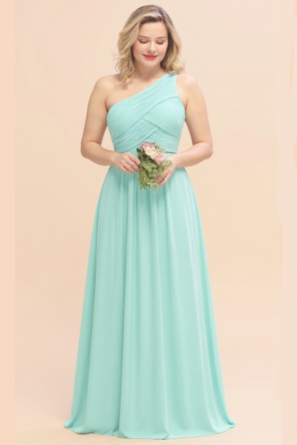 Plus Size Ruched Chiffon One Shoulder Bridesmaid Dress Long Wedding Guest Dress 