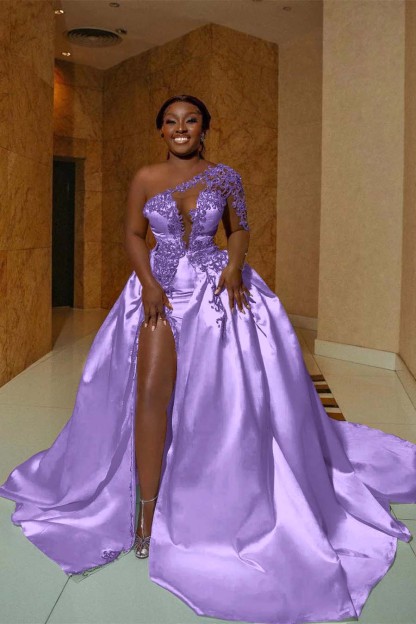 Gorgeous Satin Aline Wedding Dress One Shoulder Beadings Side Split Bridal Gown with Appliques