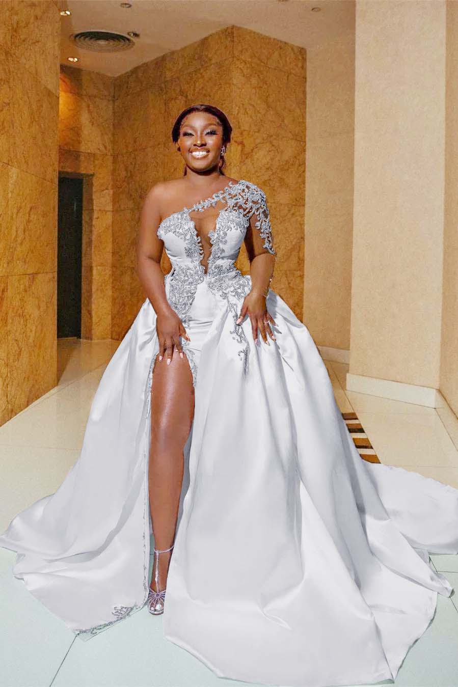Gorgeous Satin Aline Wedding Dress One Shoulder Beadings Side Split Bridal Gown with Appliques