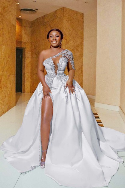 Gorgeous Satin Aline Wedding Dress One Shoulder Beadings Side Split Bridal Gown with Appliques