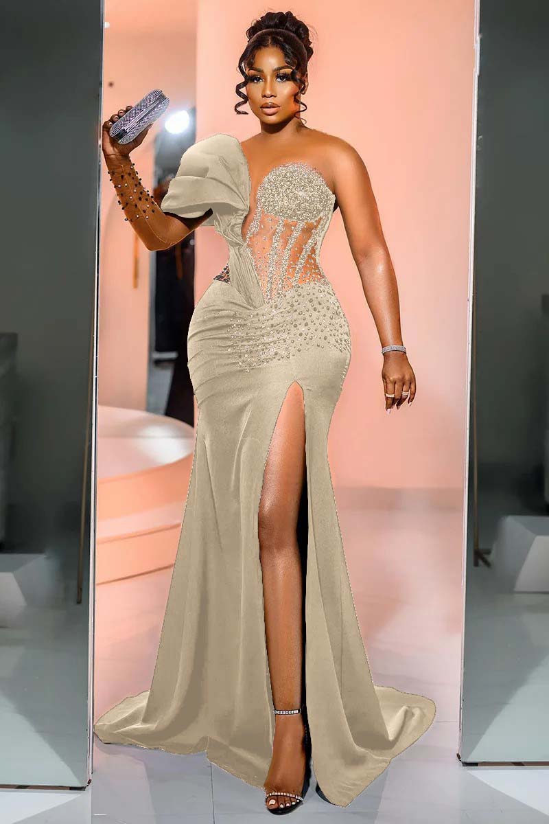 Champagne One Shoulder Satin Mermaid Prom Dress with Side Split