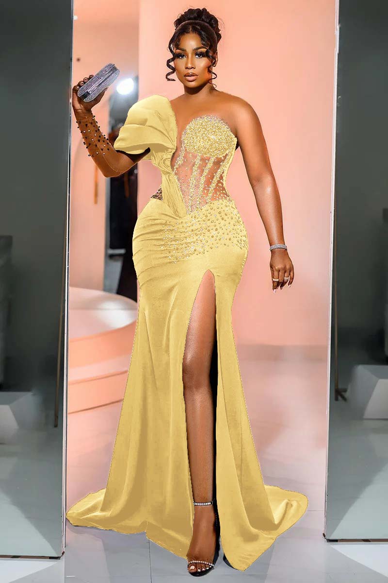 Daffodil One Shoulder Satin Mermaid Prom Dress with Side Split