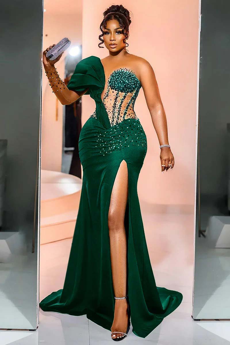 Dark Green One Shoulder Satin Mermaid Prom Dress with Side Split