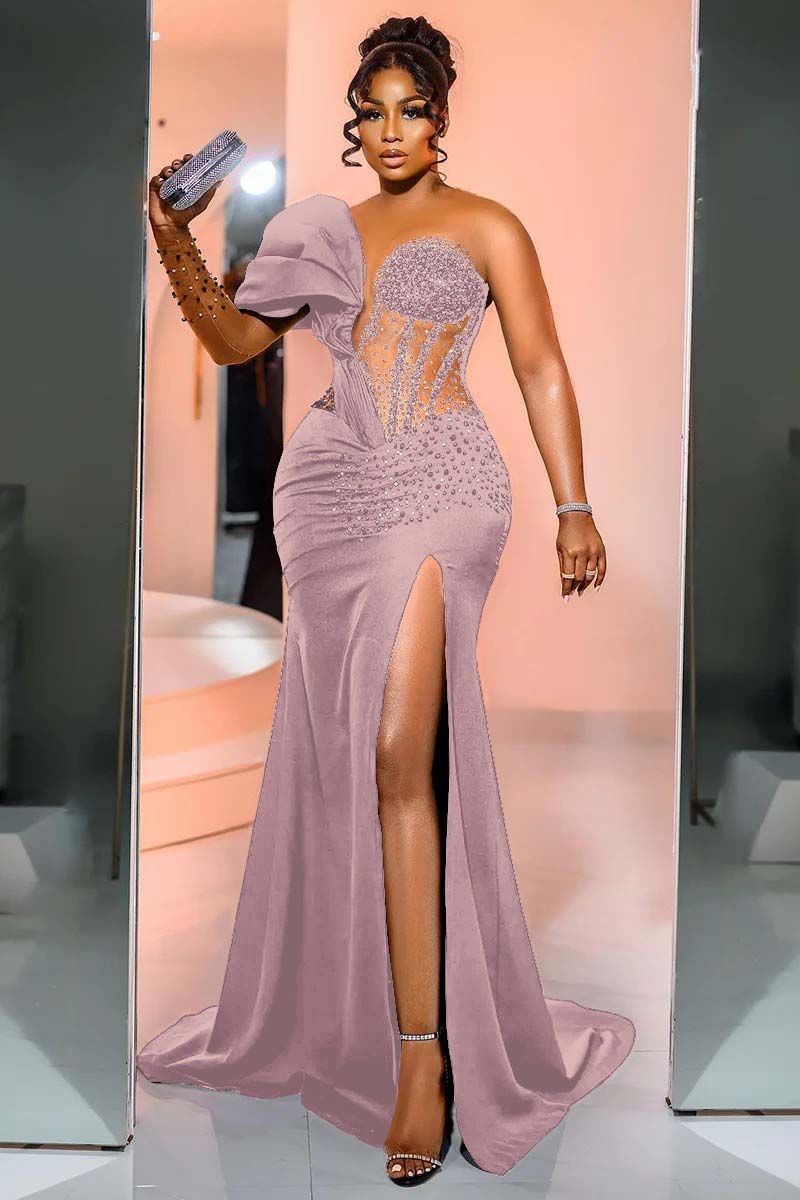 Dusty Pink One Shoulder Satin Mermaid Prom Dress with Side Split