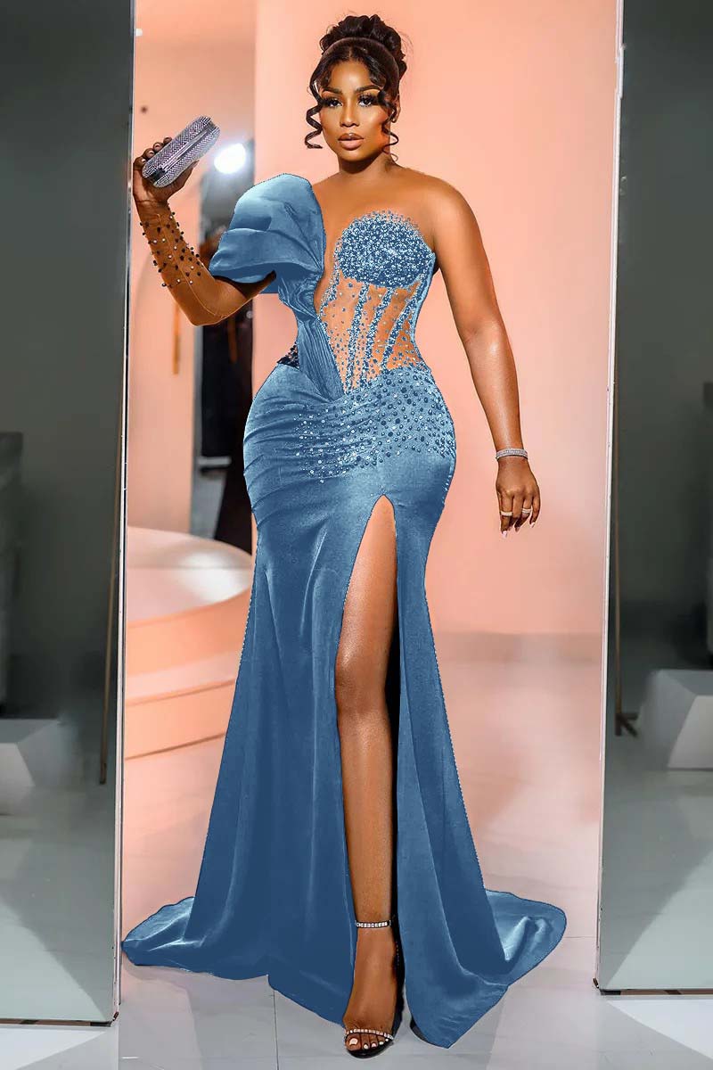 Ocean Blue One Shoulder Satin Mermaid Prom Dress with Side Split