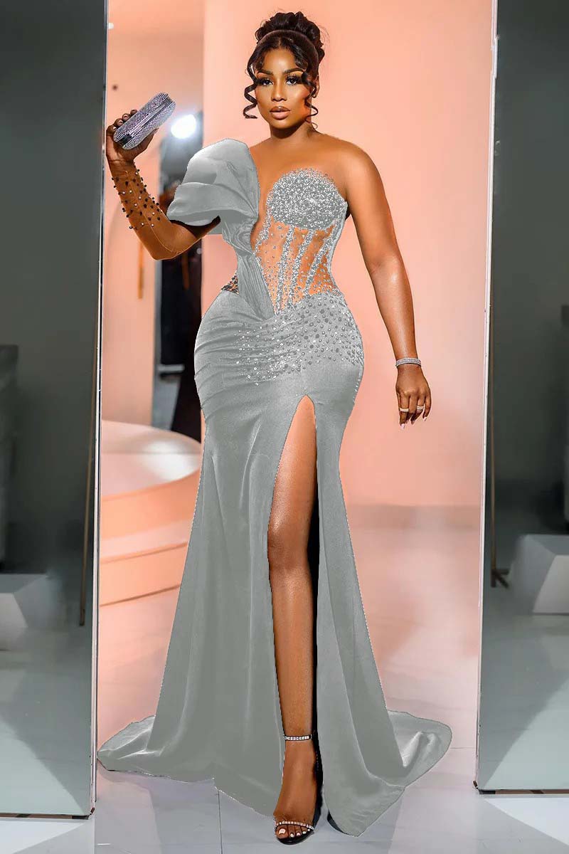 Silver One Shoulder Satin Mermaid Prom Dress with Side Split