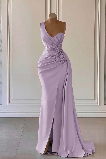One Shoulder Side Split Evening Maxi Dress Crystals Satin Long Party Dress with Side Cape
