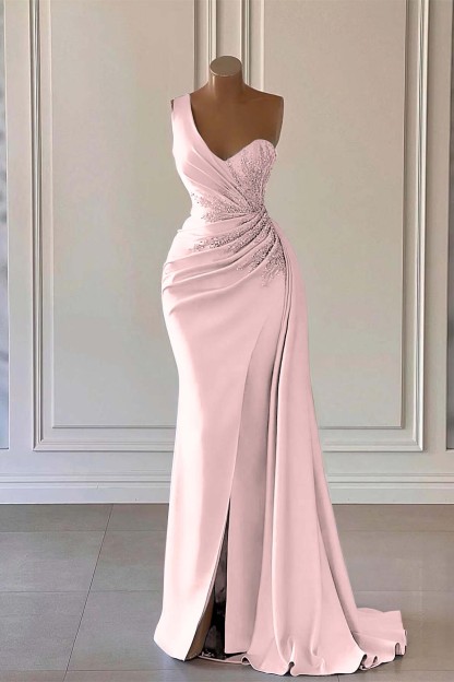 One Shoulder Side Split Evening Maxi Dress Crystals Satin Long Party Dress with Side Cape
