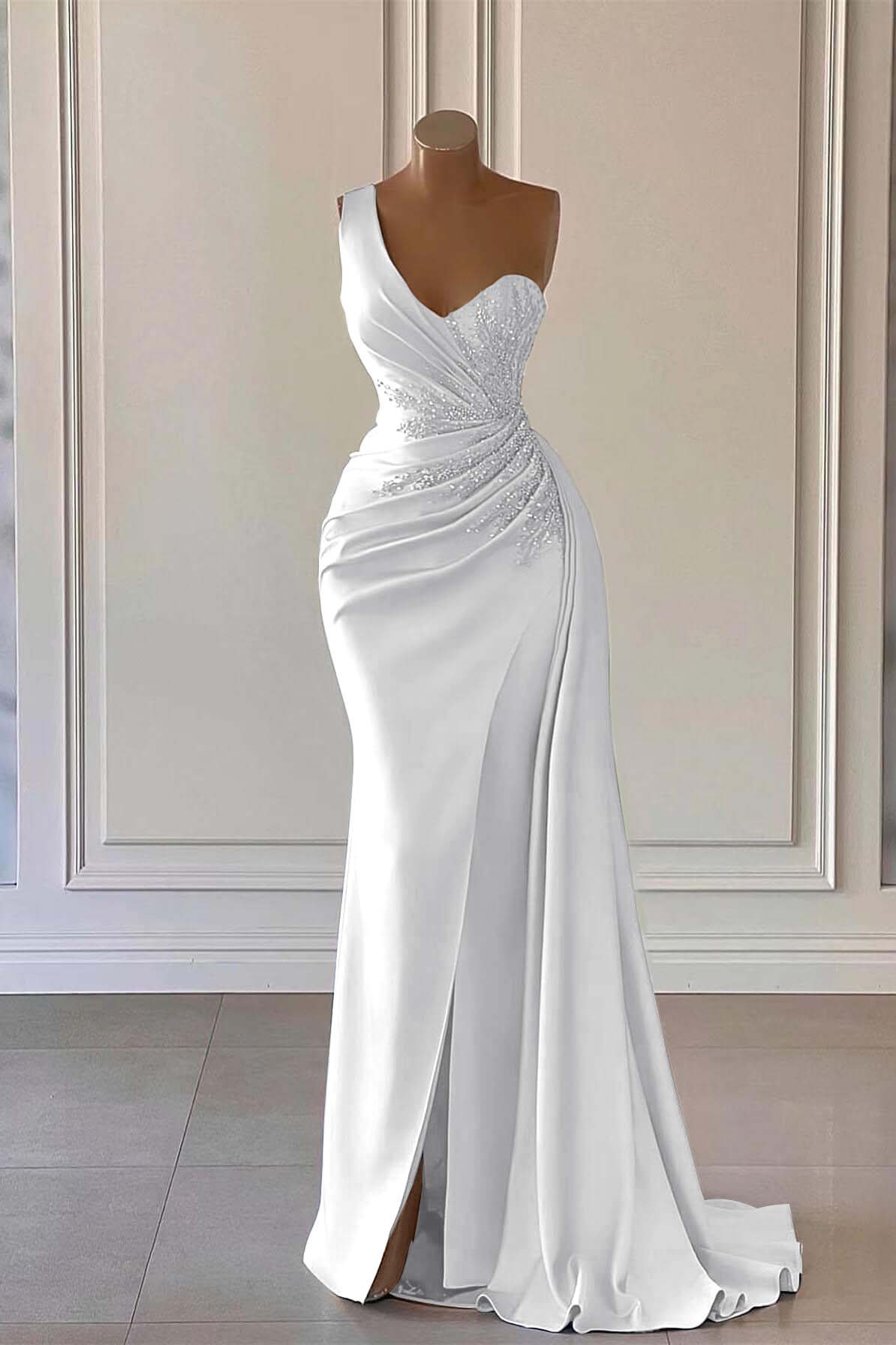 One Shoulder Side Split Evening Maxi Dress Crystals Satin Long Party Dress with Side Cape