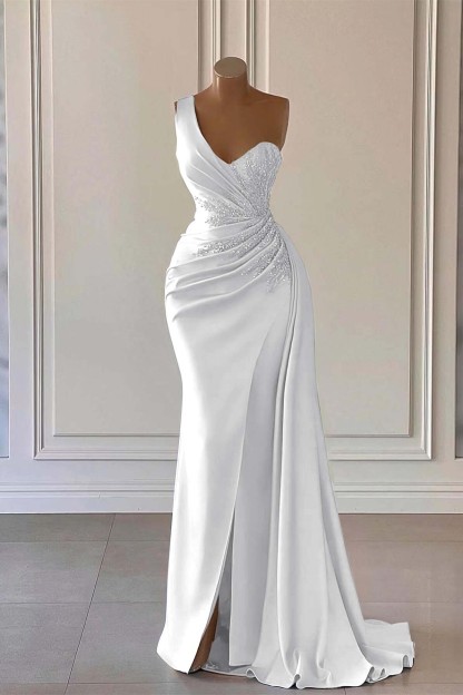 One Shoulder Side Split Evening Maxi Dress Crystals Satin Long Party Dress with Side Cape