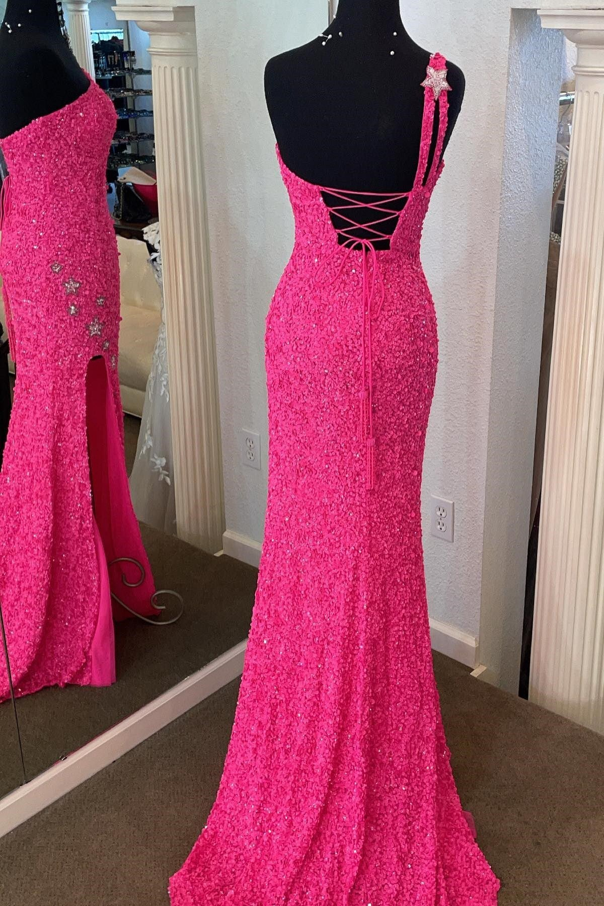 Shinny One Shoulder Mermaid Prom Dress Sequins Black Party Dress
