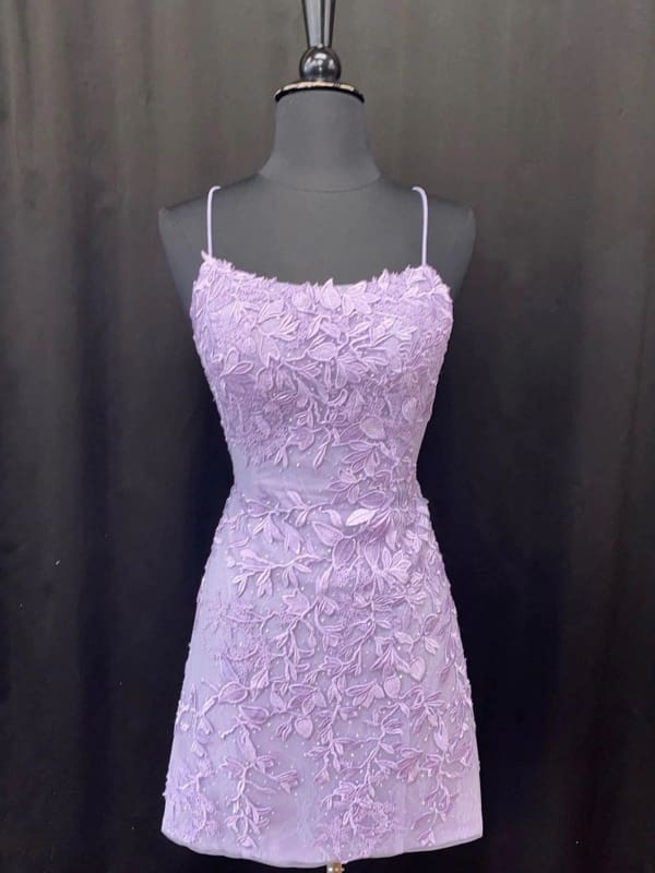 Spaghetti Straps Lace Lilac Short Homecoming Dresses-newarrivaldress