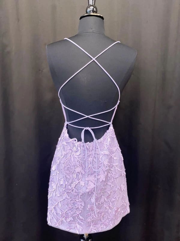 Spaghetti Straps Lace Lilac Short Homecoming Dresses-newarrivaldress