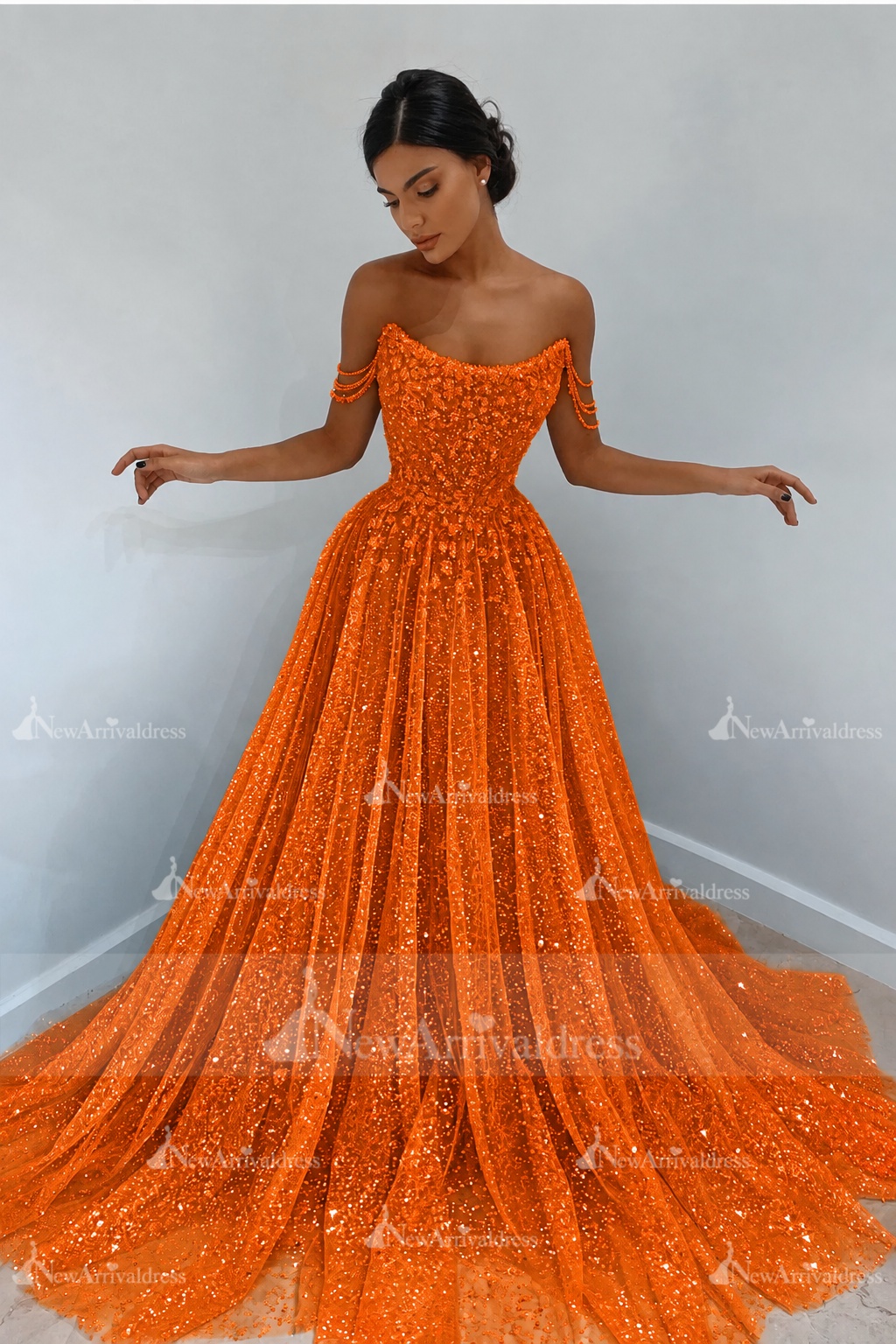 Beautiful Long A-line Sweetheart Sequined Prom Dress Off Shoulder Sky Blue Long Evening Dress