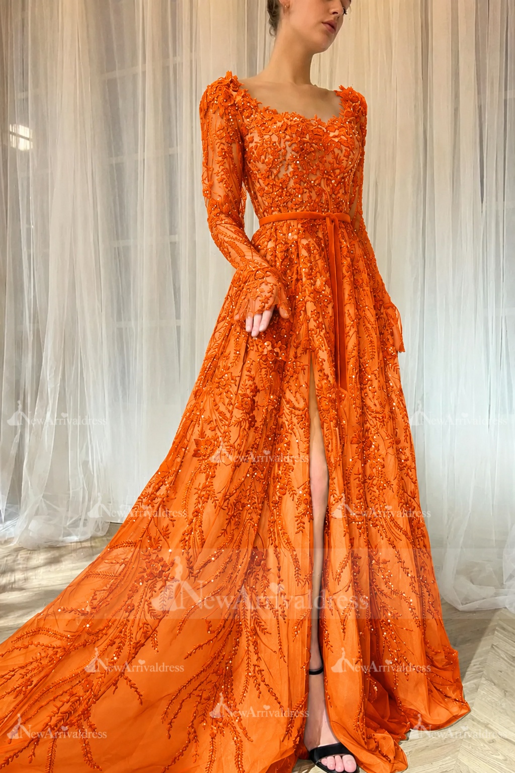 Elegant Black Sequins Aline Evening Dress with Sleeves