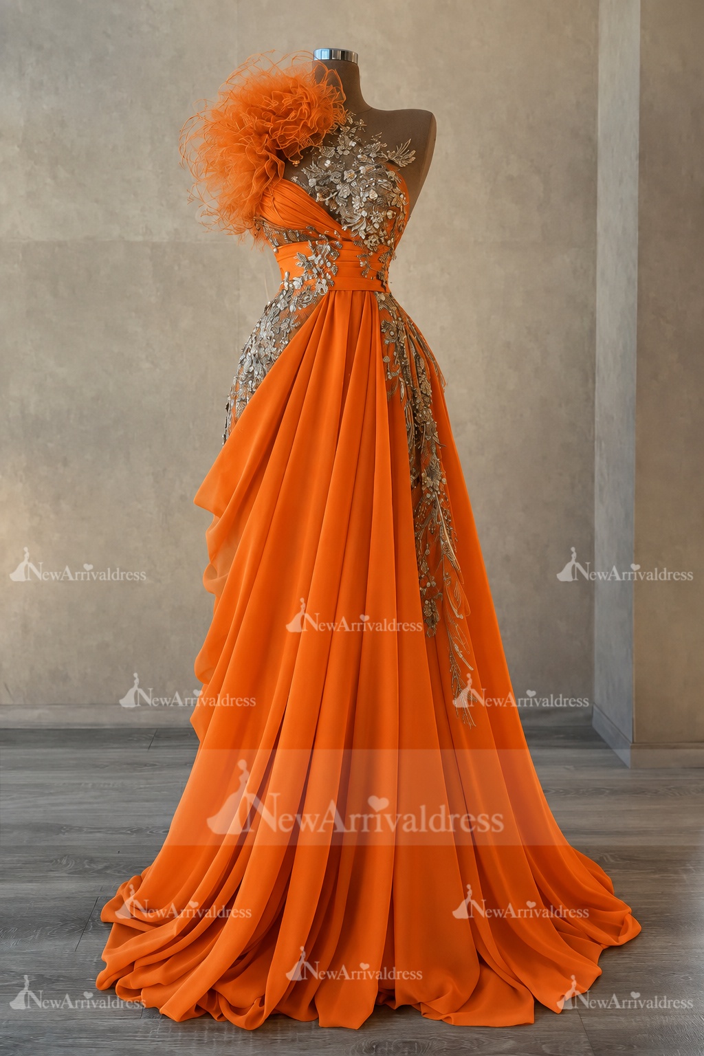 Stunning One Shoulder Flowers Ruched Satin Evening Dress Appliques Aline Party Dress