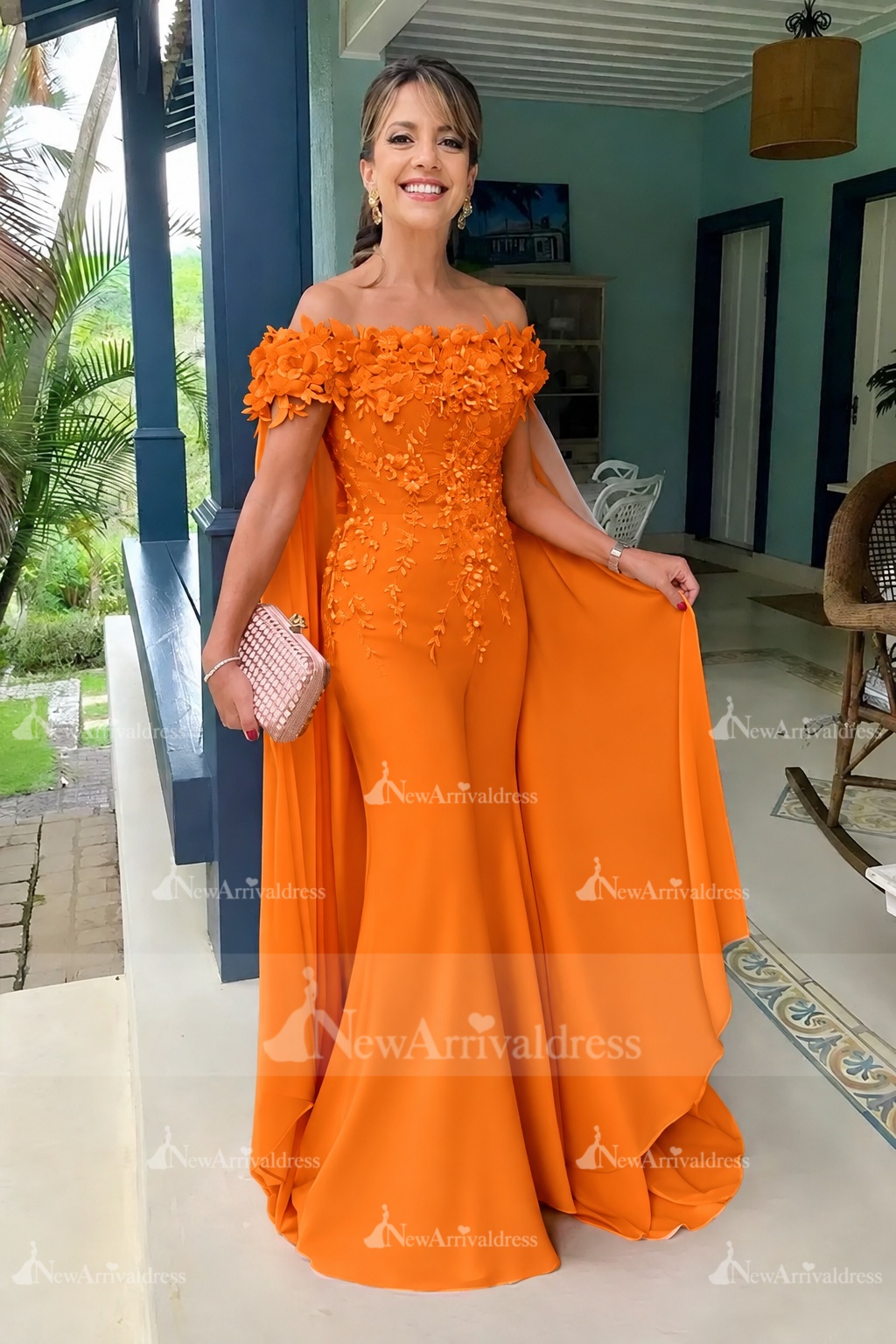Off-the-Shoulder Pink Chiffon Flowers Long Mother of the Bride Dress with Cape