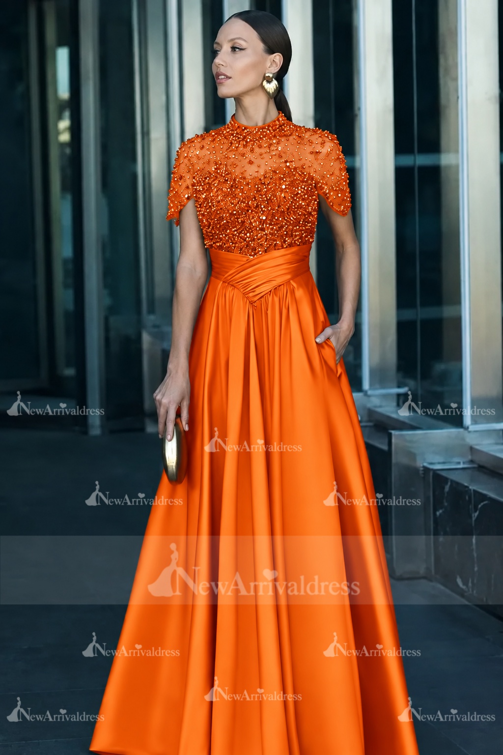 Dark Green Short Sleeves  Satin A-line Evening Dress with Beadings