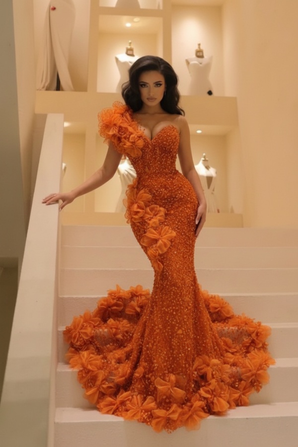 Charming One Shoulder Sequins Mermaid Prom Dress Beadings Evening Gown with Appliques