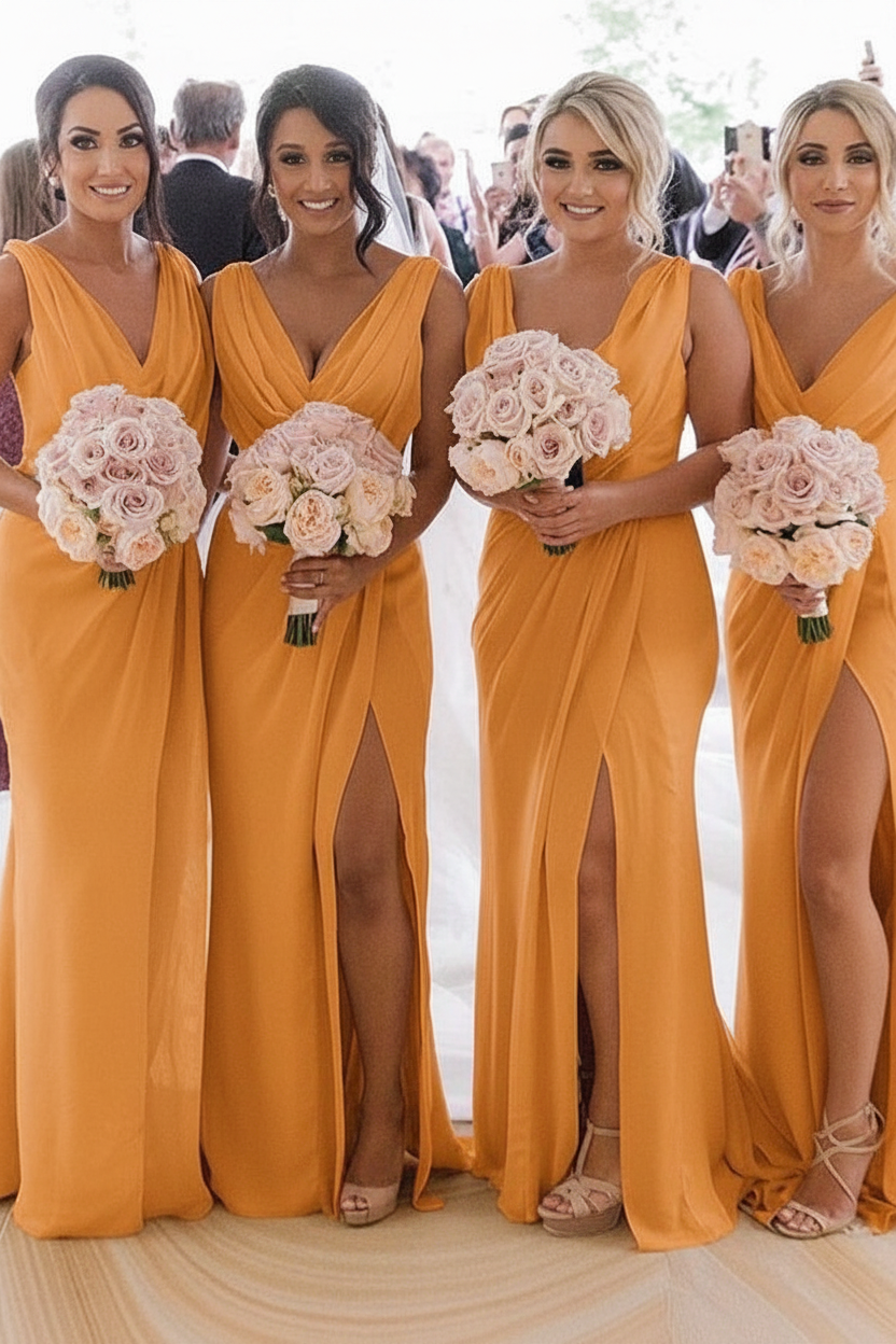 Elegant Chiffon Long Bridesmaid Dress Sleeveless Side Slit Wedding Guest Dress