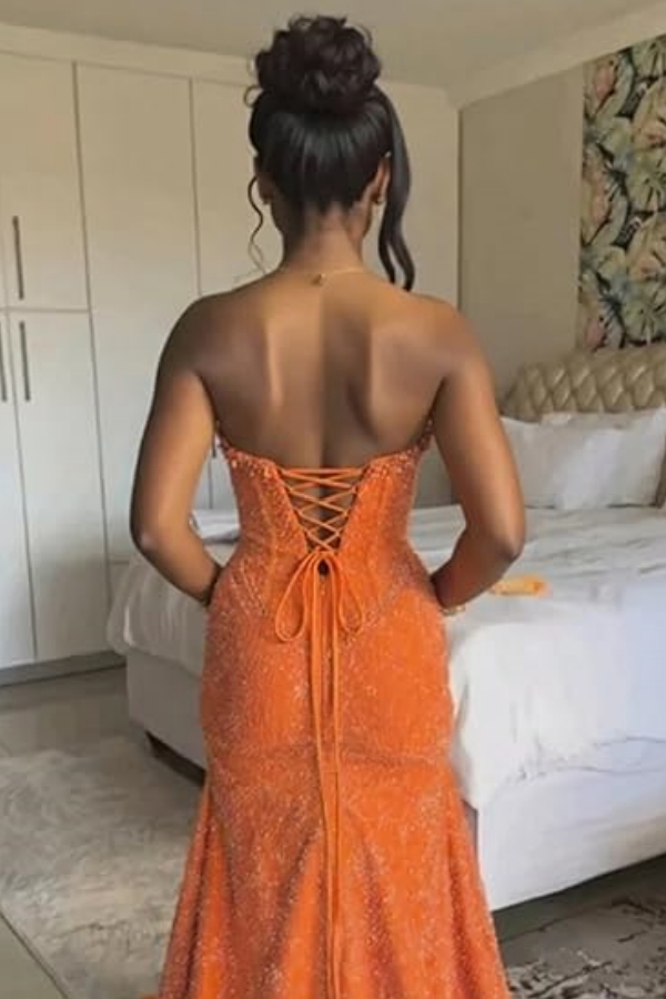 Sexy Orange Mermaid Prom Dress with Sequins High Split Strapless Long Party Dress