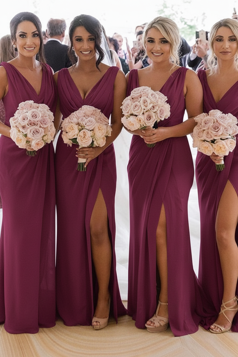 Elegant Chiffon Long Bridesmaid Dress Sleeveless Side Slit Wedding Guest Dress