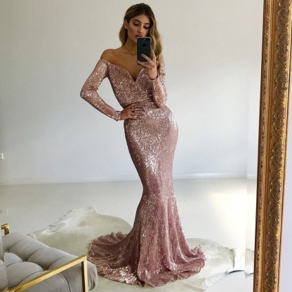 Gorgeous Long-Sleeve V-Neck Prom Dress |Mermaid Sequins Evening Gowns
