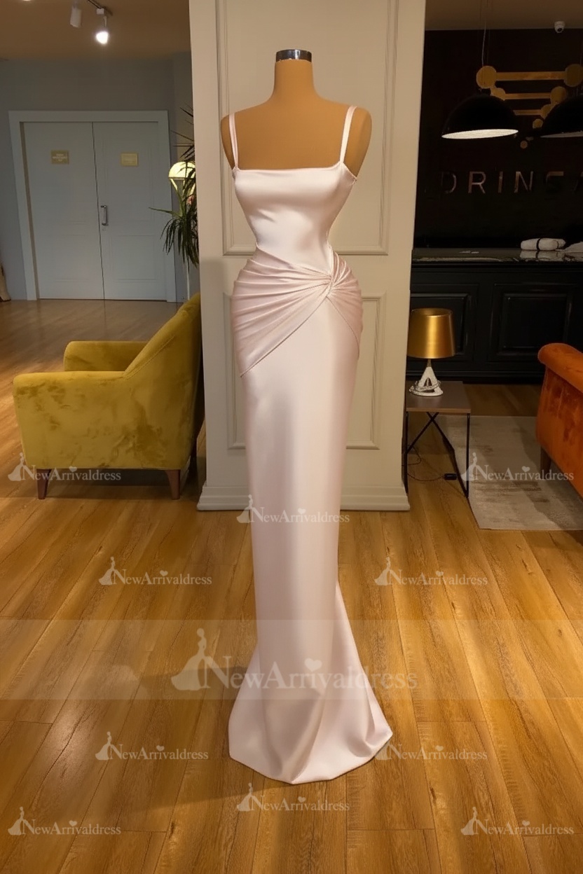 Chic Sky Blue Square Neck Slim Evening Party Wear Dress Sleeveless Satin Prom Dress