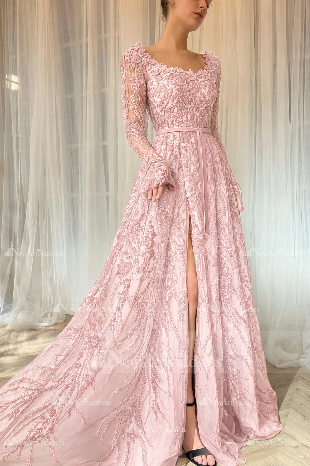 Elegant Black Sequins Aline Evening Dress with Sleeves