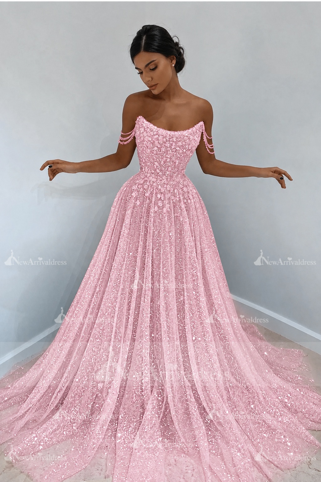 Beautiful Long A-line Sweetheart Sequined Prom Dress Off Shoulder Sky Blue Long Evening Dress
