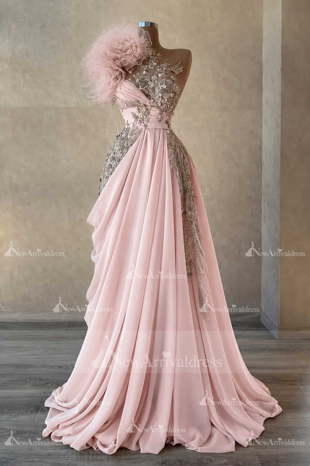 Stunning One Shoulder Flowers Ruched Satin Evening Dress Appliques Aline Party Dress